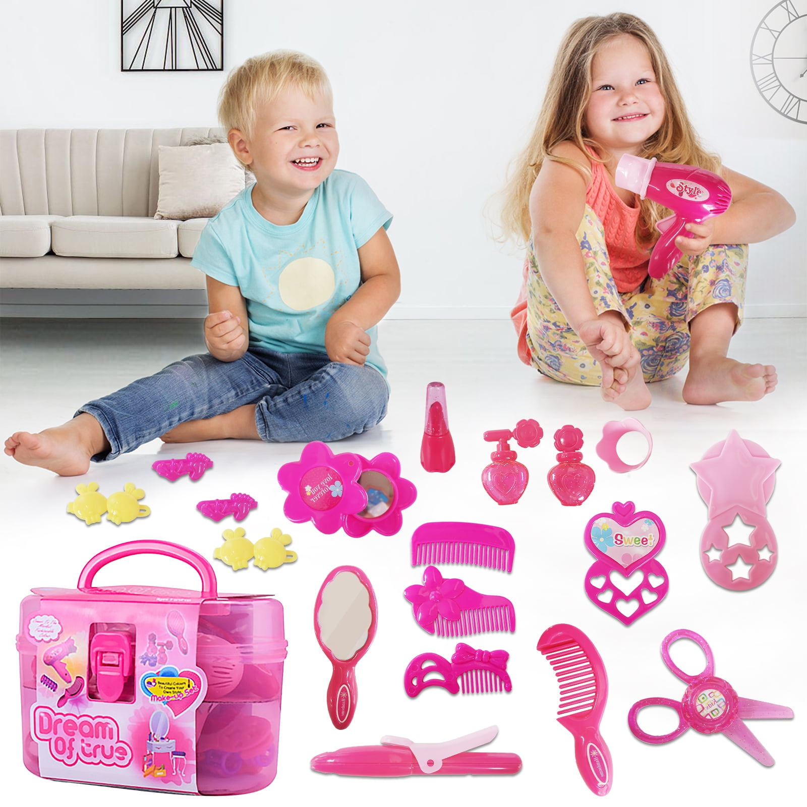 Rirool Pretend Play Makeup and Hair Salon Activity Set with Portable Carrying Case (Pink, 17-Piece Set) s7s60