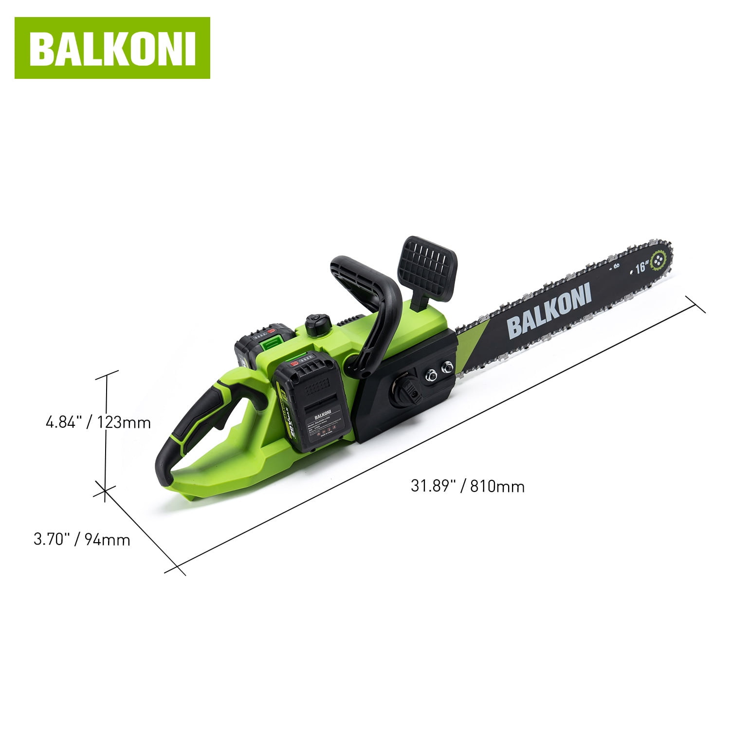 BALKONI 16 Inch Cordless Brushless Electric Chainsaw, High-Speed Motor with 2 Batteries (Green, 16 in) s7dwx