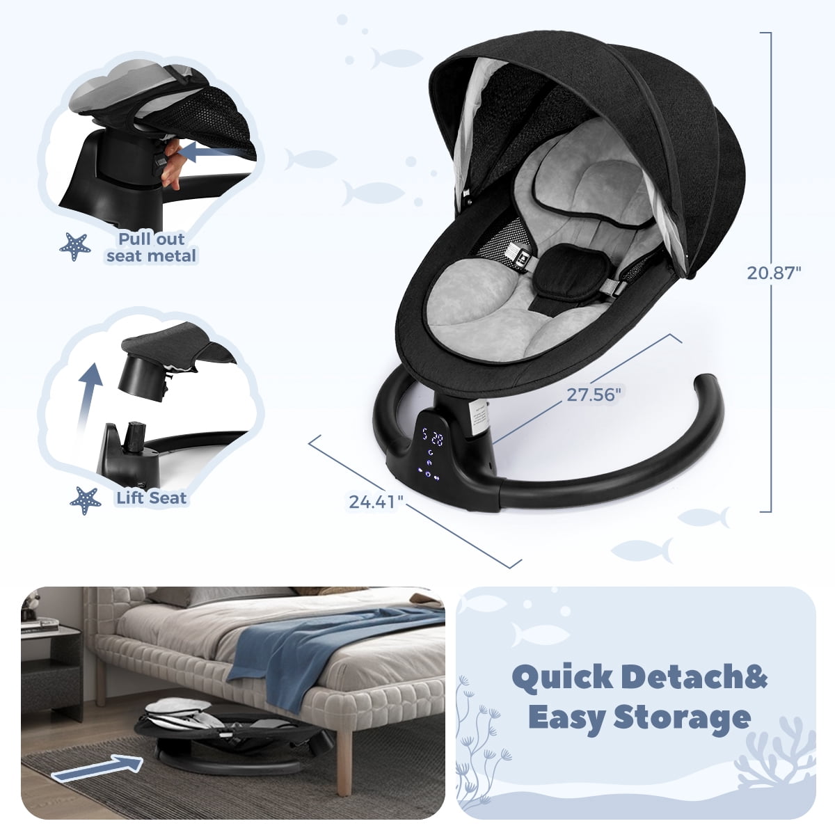 Caveen Electric Baby Swing for Infants, Bluetooth Music Bouncer Rocker with 5 Sway Modes and 5-Point Harness (Black, 24.41 in x 27.56 in x 20.87 in) jj9m7