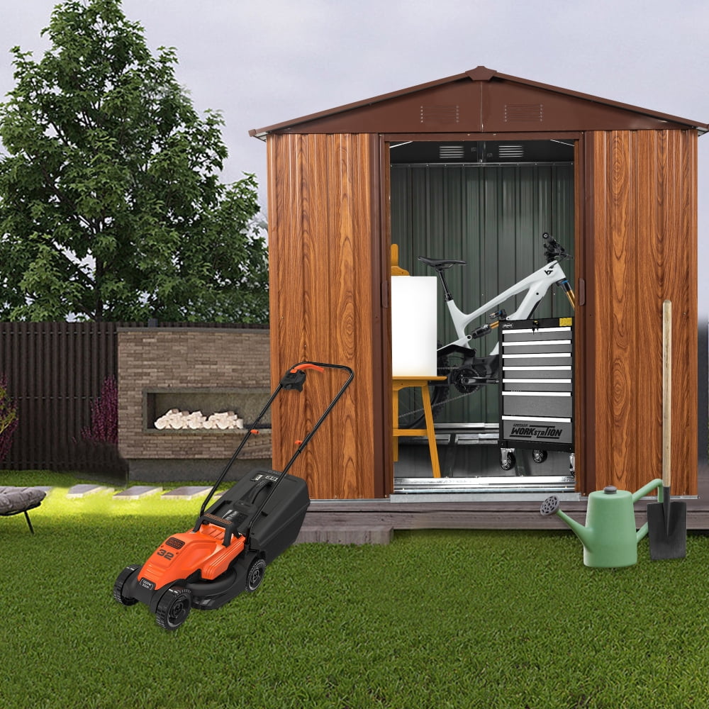 Generic Metal Storage Shed Heavy-Duty Galvanized Steel Outdoor Garden Tool House (Brown, 6 ft x 6 ft) 4s7u2