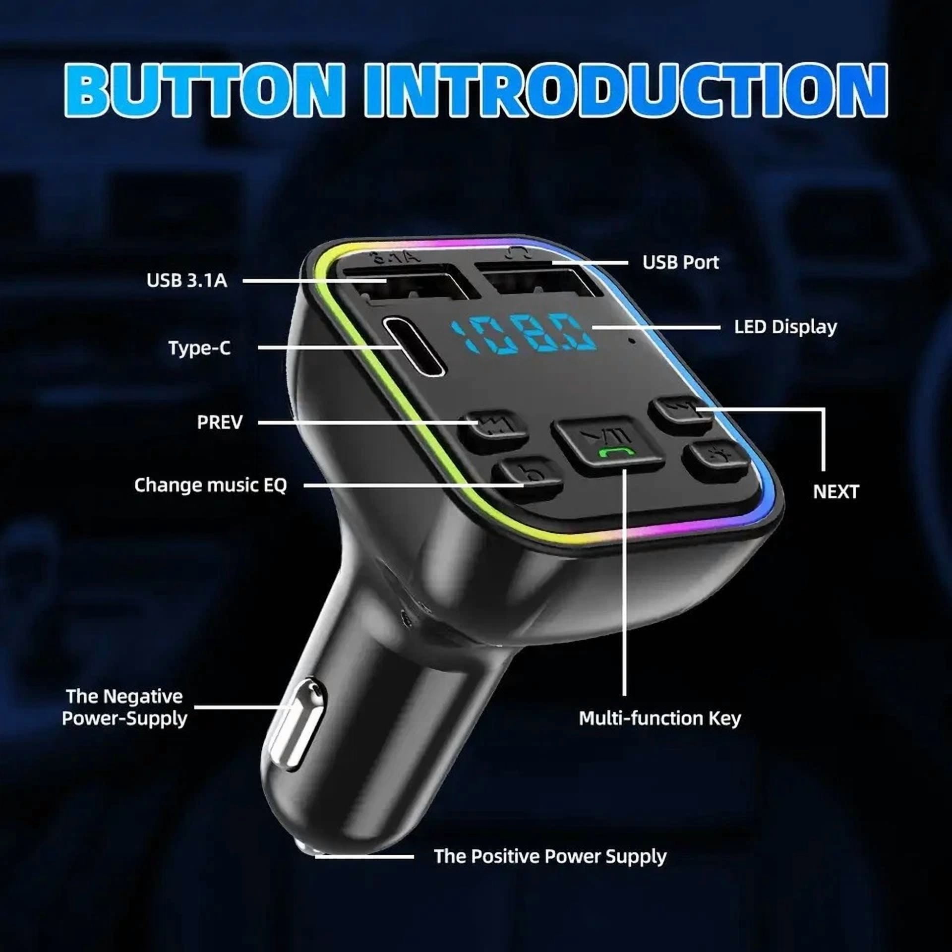 Rhea Car Bluetooth 5.0 FM Transmitter with PD Type-C and Dual USB 3.1A Fast Charger (Black, 1 Pack) pdfj4