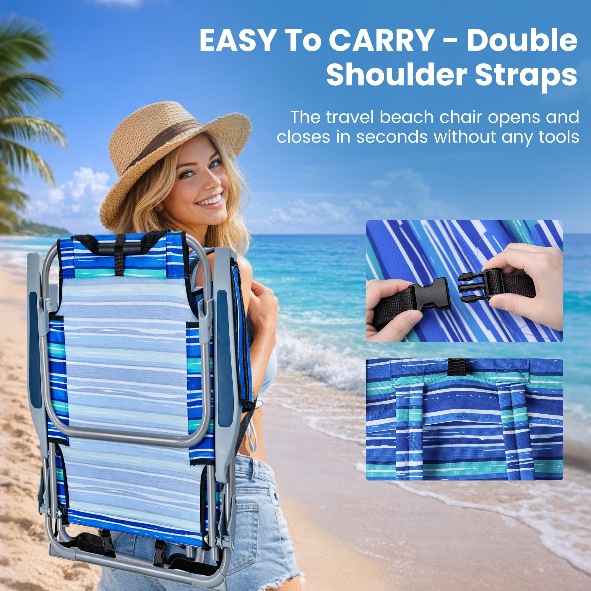 GVDV Portable Folding Beach Chair Set, 4-Position Adjustable Reclining Outdoor Seat with Cup Holder and Towel Bar (Blue, 2-Pack) s4l63