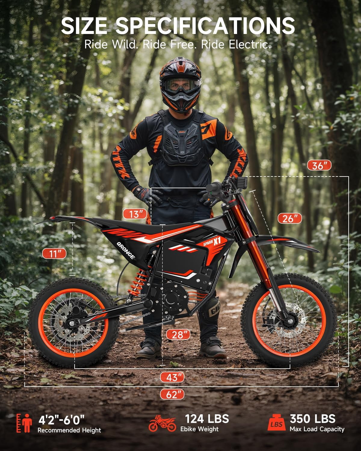 Qronge Electric Dirt Bike Off-Road Motorcycle with Full Suspension and Deluxe Accessory Pack (Red, 60V 28.8Ah) n0vei