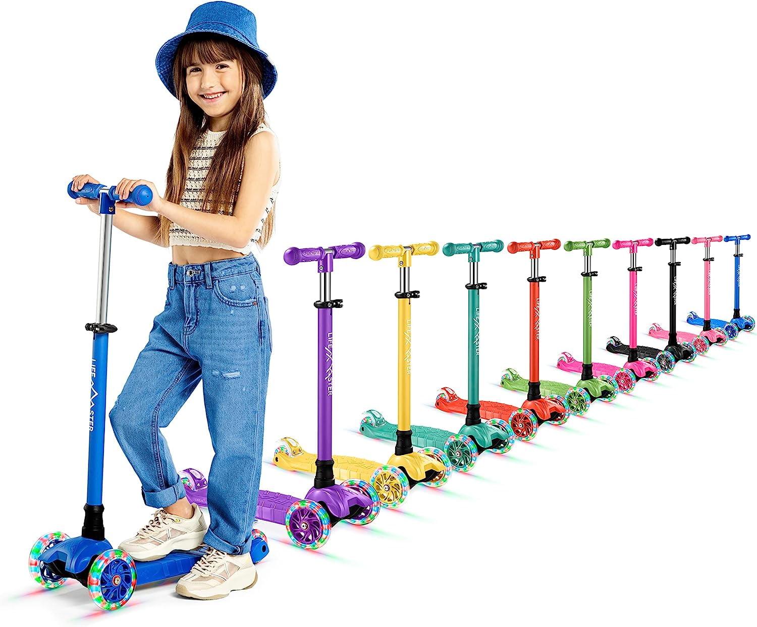 Lifemaster 3-Wheel Kids Scooter with LED Light-Up Wheels, Adjustable Handlebar, Anti-Slip Deck (Blue, 110 lb Capacity) pgctx