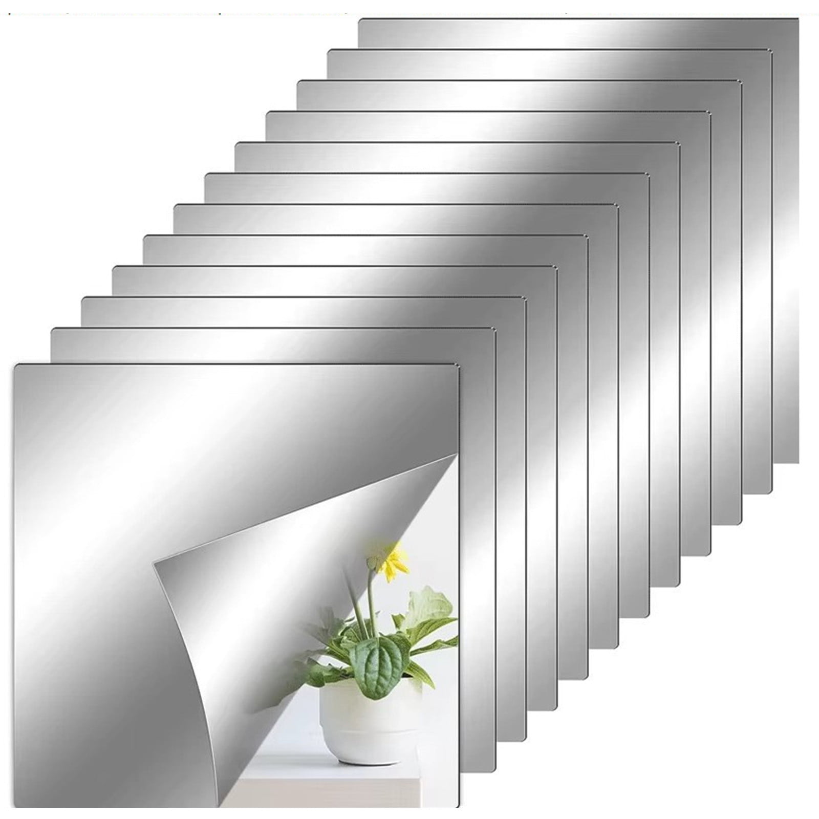 TOPRenddon Peel & Stick Mirror Tiles, Shatterproof Flexible Acrylic Wall Decals for Home Decor (Silver, 12-Pack, 6x6 in) bg0gy