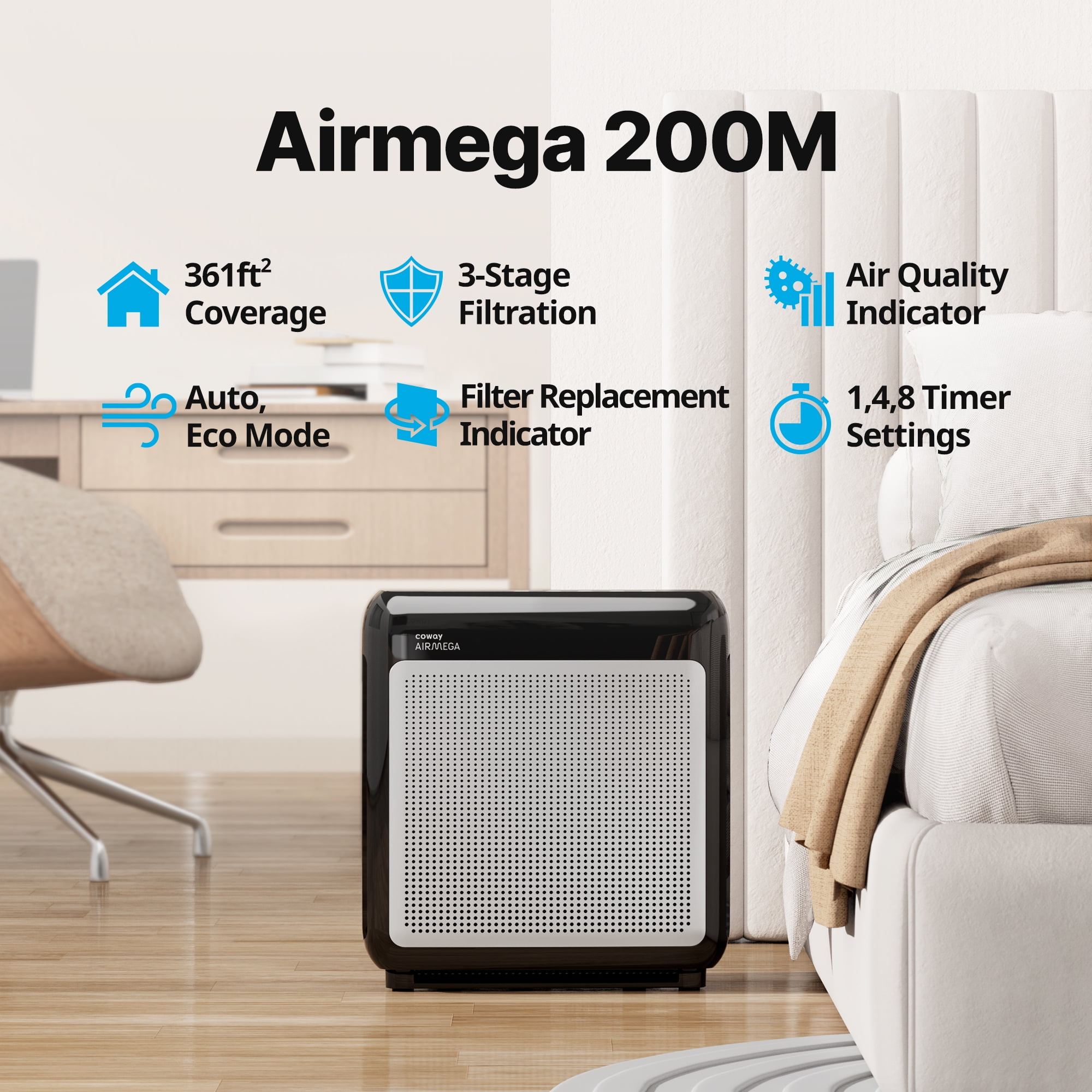 Coway Airmega 200M True HEPA Air Purifier with Real-Time Air Quality Monitor (Black, 361 sq. ft. Coverage) 3l7x2