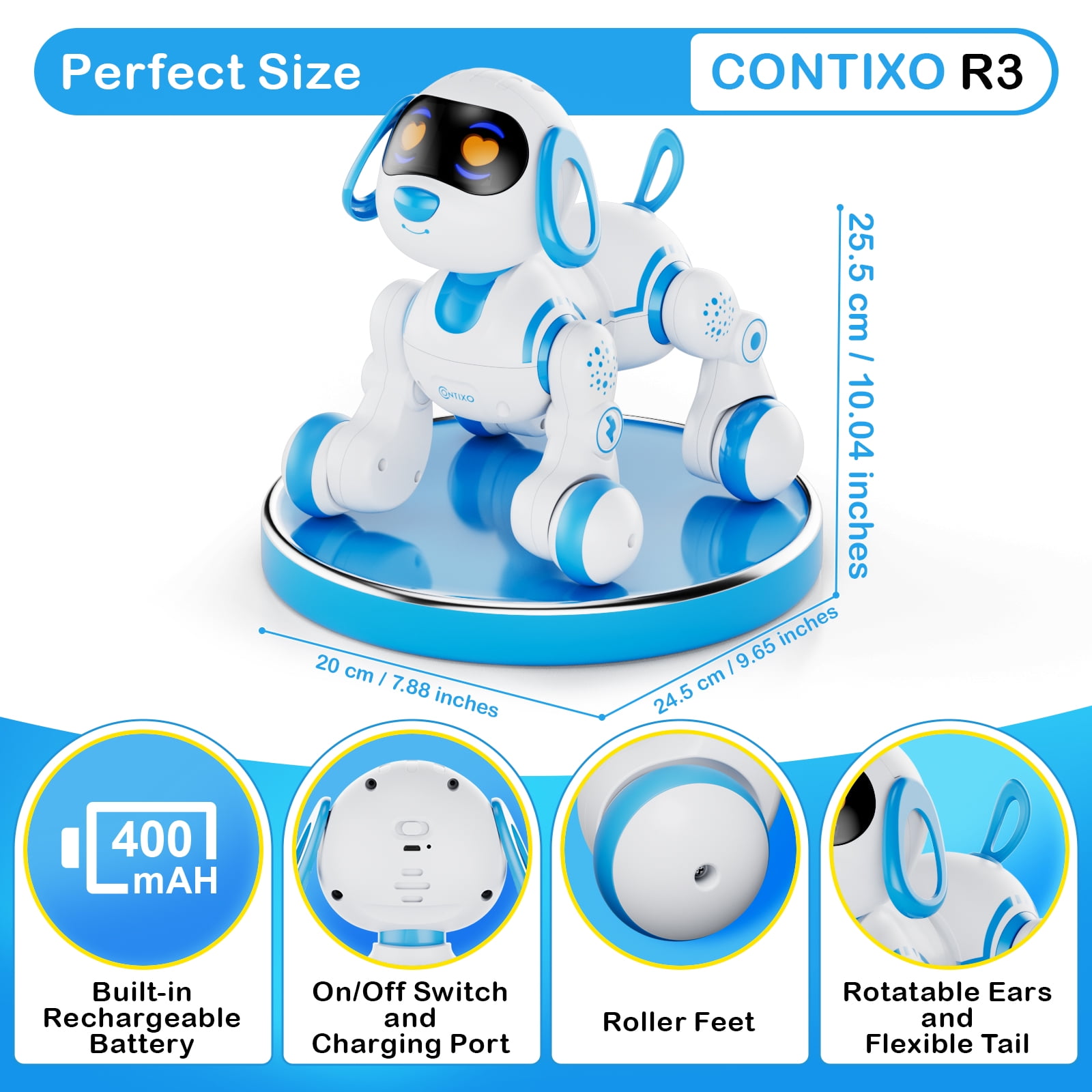 Contixo R3 Interactive Smart Robot Dog Toy, Programmable Puppy with LED Lights and Sounds (Blue) x1mr0