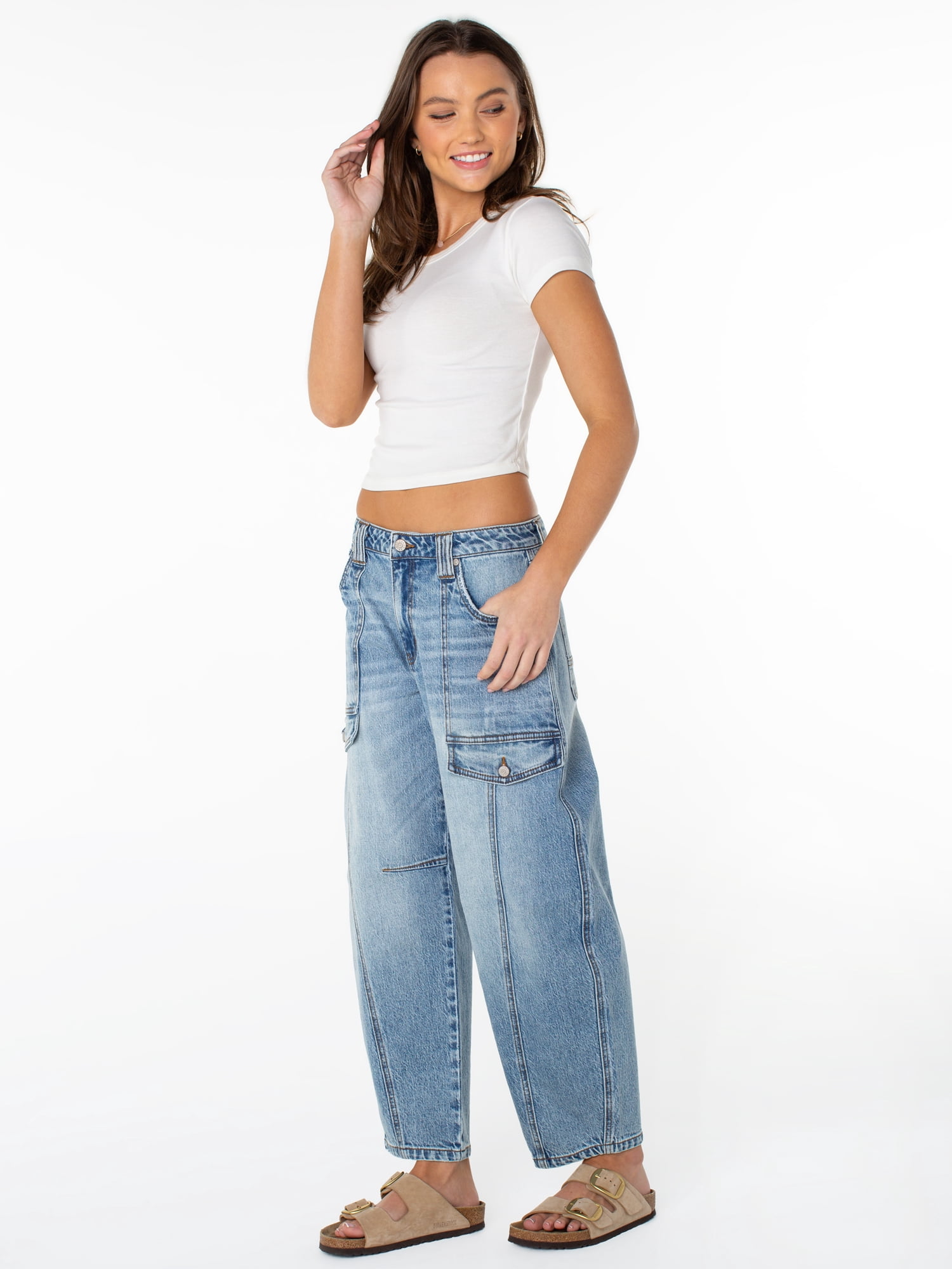 Celebrity Pink Women's Mid Rise Utility Barrel Jeans, Baggy Fit Denim (Pink, 27 in Inseam) b4gn7