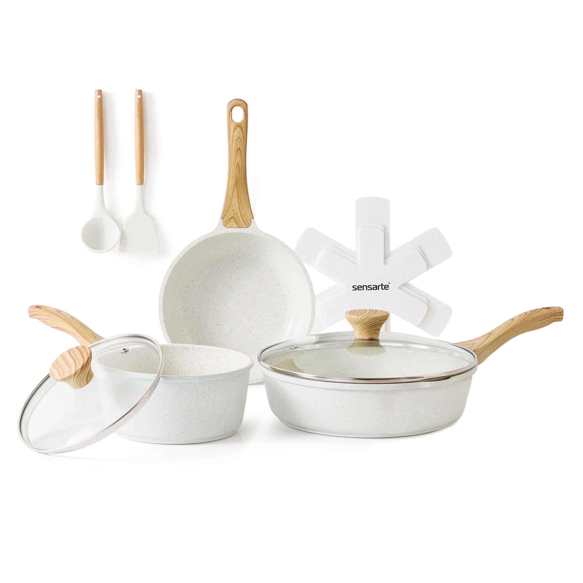 Sensarte 10-Piece Ceramic Nonstick Cookware Set, Induction Compatible Kitchen Pots and Pans with Stay-Cool Handles (White, 10-Piece) 2stxq