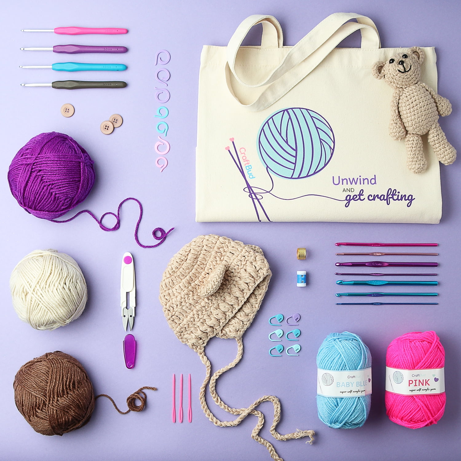 CraftBud Crochet Kit for Beginners, Complete Crafting Set with 1100 Yards Yarn, 9 Hooks, Accessories & Tote Bag (73-Piece) sfqcv