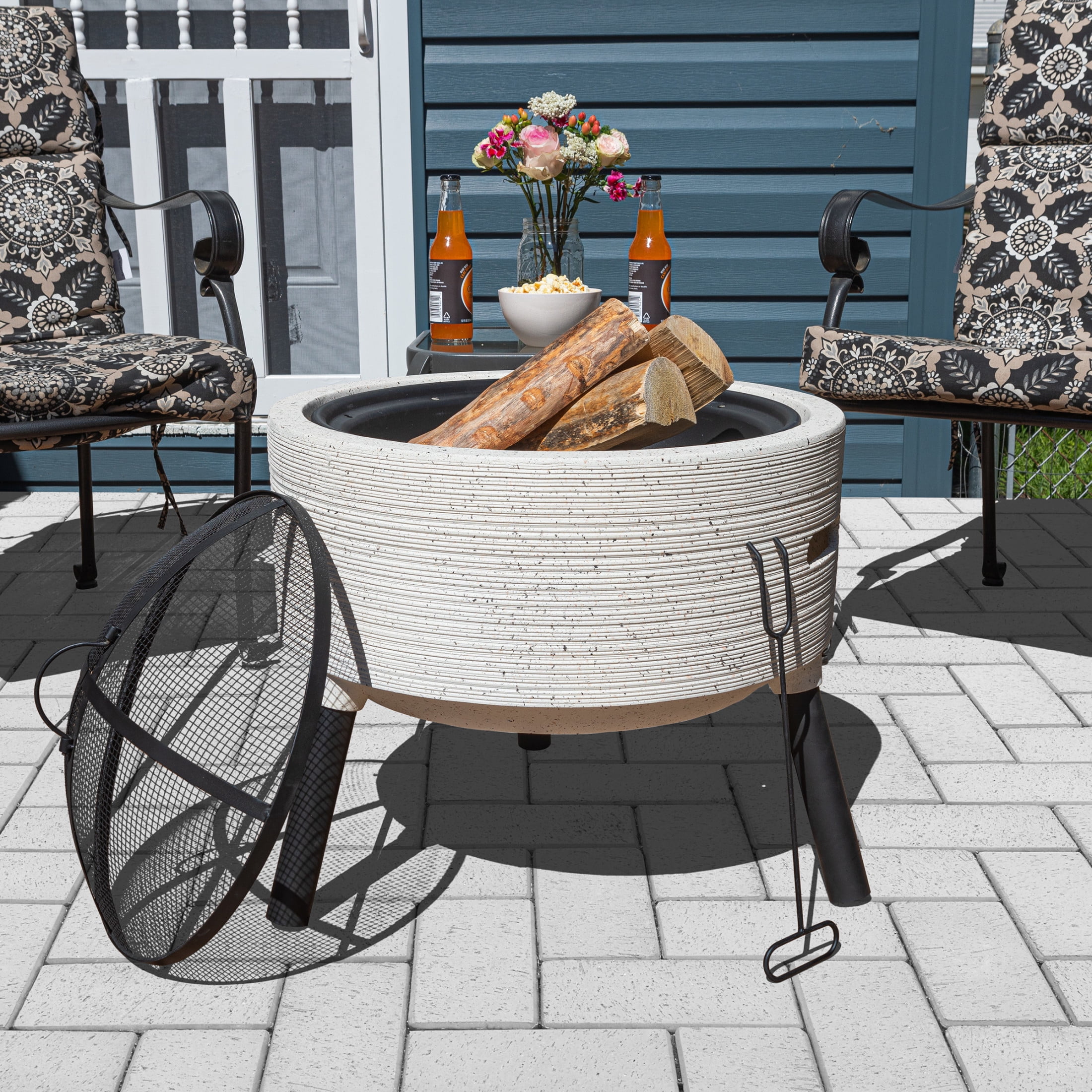 Pure Garden Round Outdoor Wood Burning Fire Pit with Spark Screen and Cover (Light Gray, 21 in) 84k1n